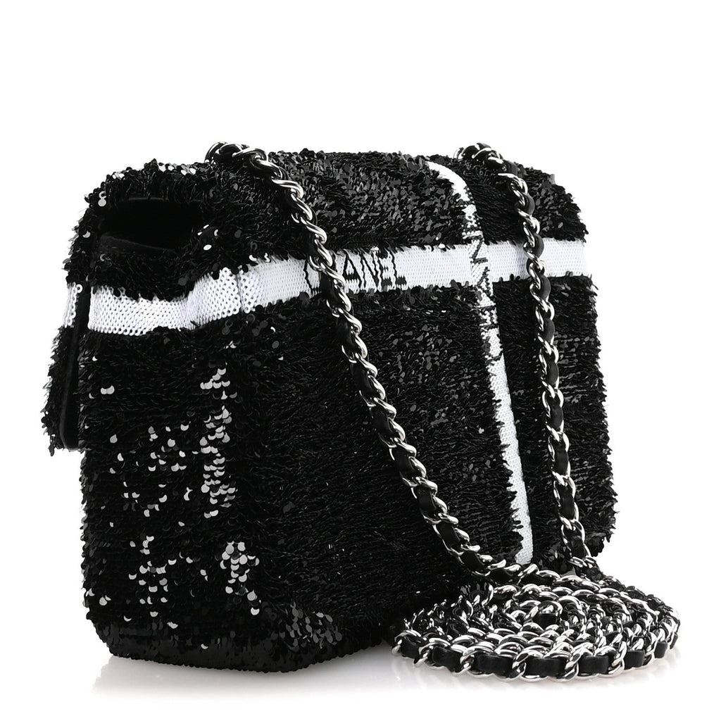 Chanel Sequin Ribbon Small Rectangular Flap Black White