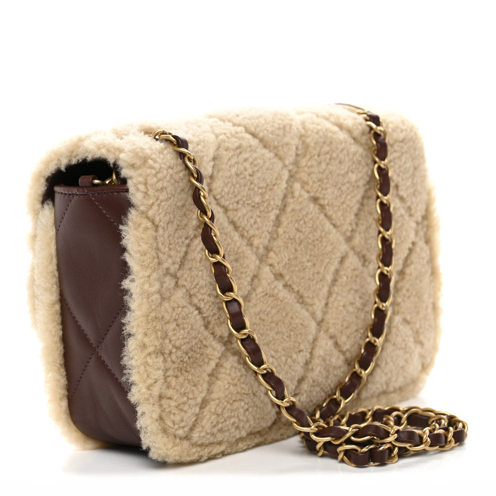 Chanel Shearling Lambskin Quilted Furry Coco Flap Dark Brown Beige