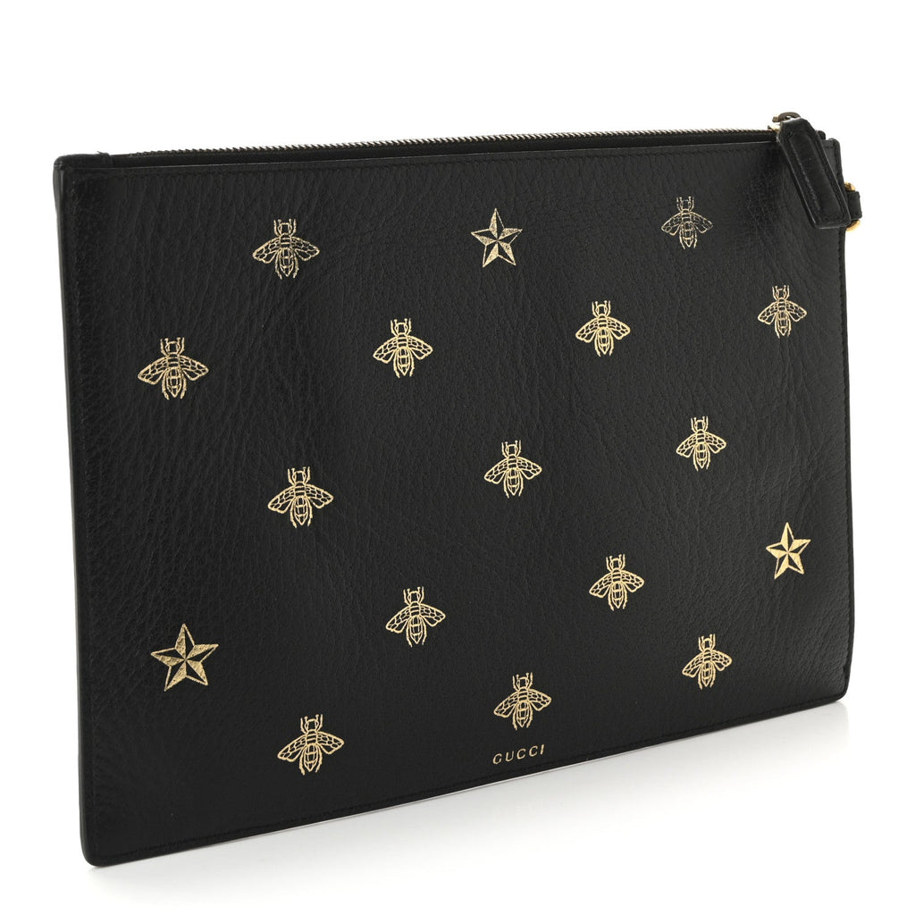 Gucci Dollar Calfskin Boar Effect Bee Star Zip Wristlet Pouch Black