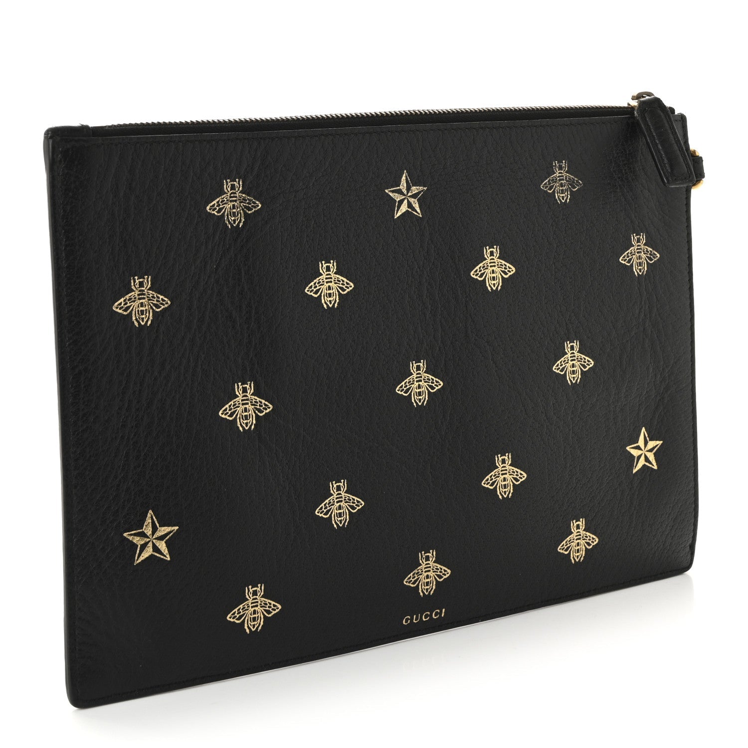 Gucci Dollar Calfskin Boar Effect Bee Star Zip Wristlet Pouch Black