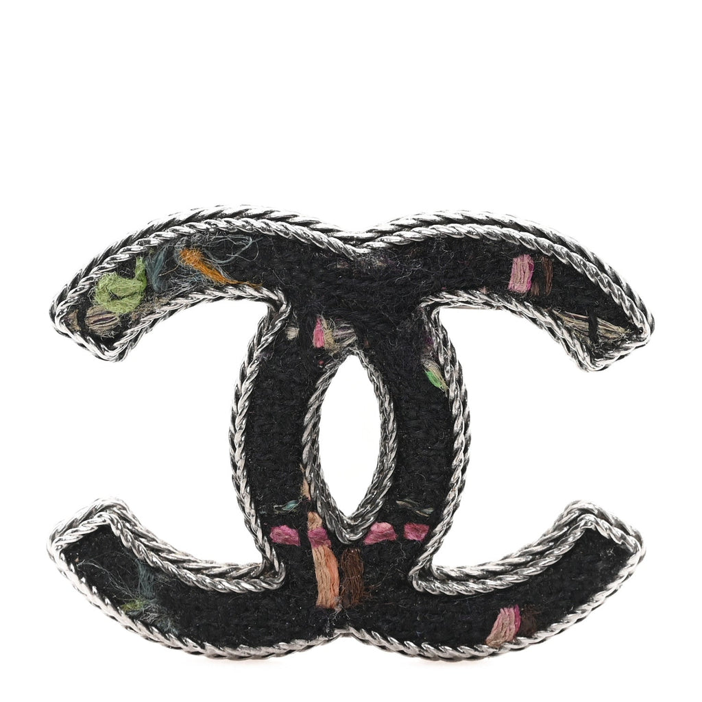 Chanel Tweed CC Brooch Silver Multicolor