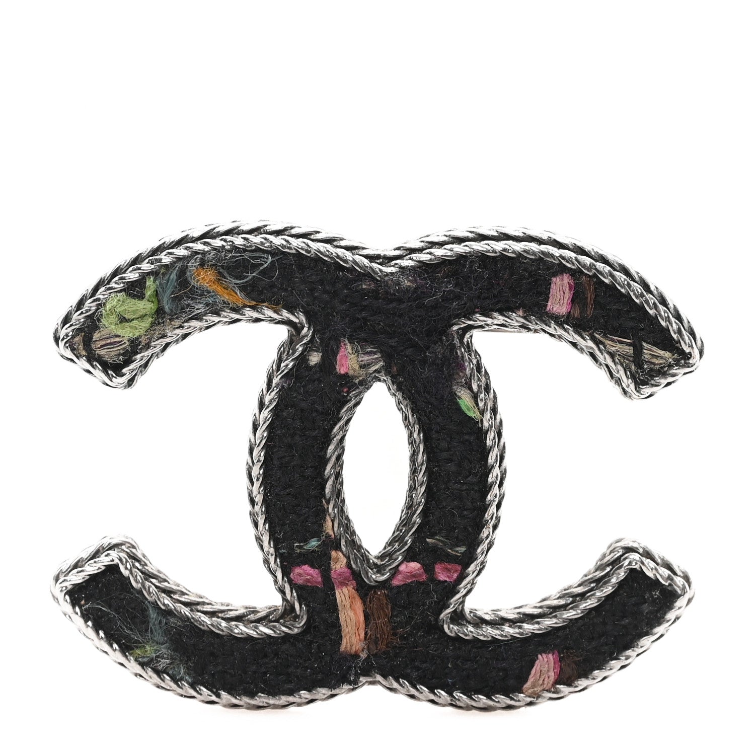 Chanel Tweed CC Brooch Silver Multicolor