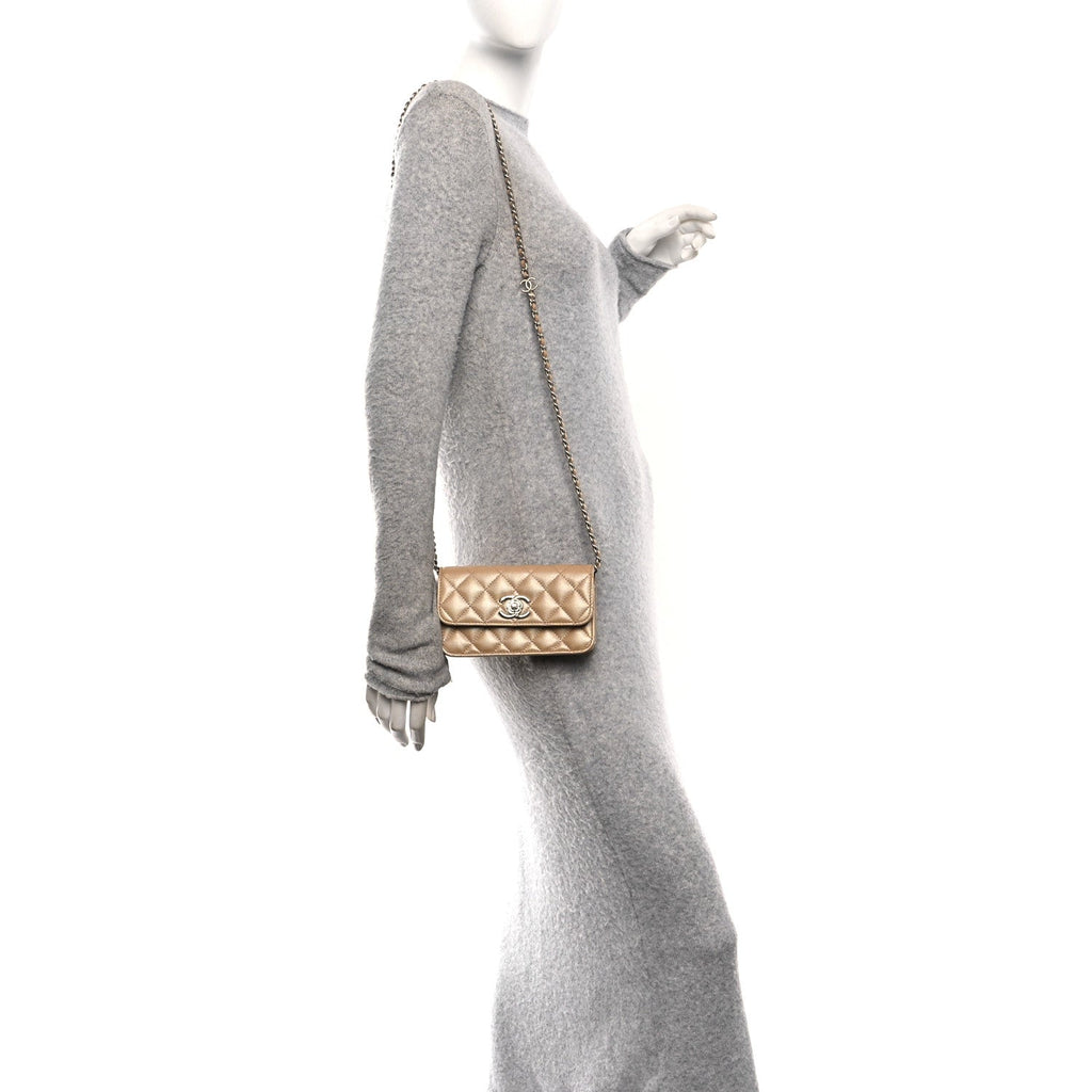 Chanel Iridescent Caviar Quilted Camellia Phone Holder With Chain Beige
