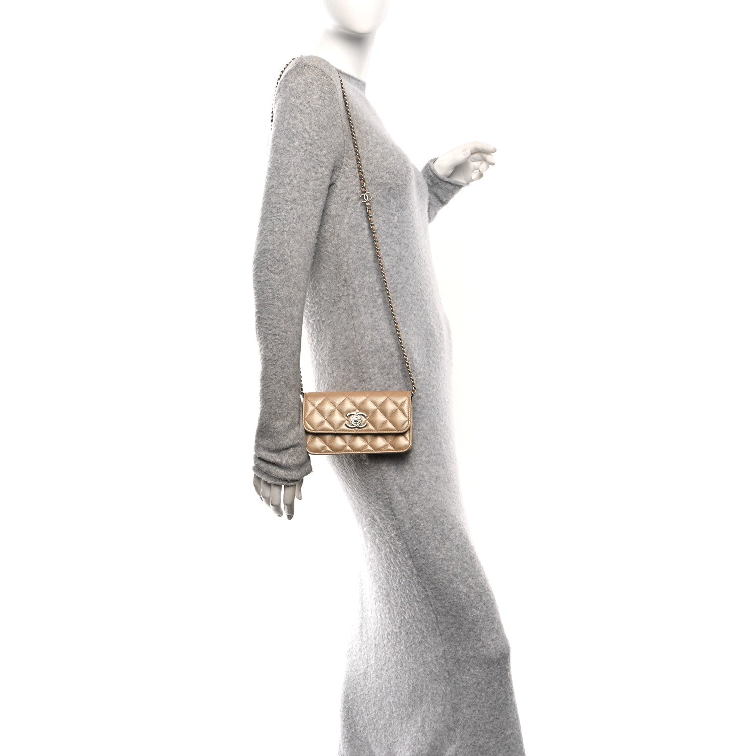 Chanel Iridescent Caviar Quilted Camellia Phone Holder With Chain Beige