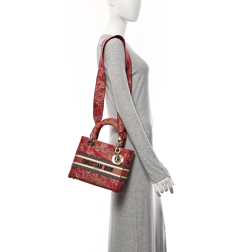 Christian Dior Metallic Canvas Embroidered Brocart Medium Lady D-Lite Pink
