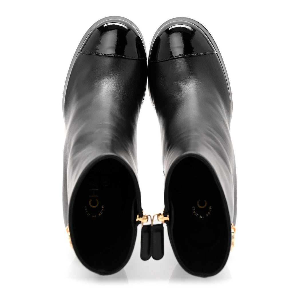 Lambskin Patent CC Crystal Bow Cap Toe Short Boots 37 Black