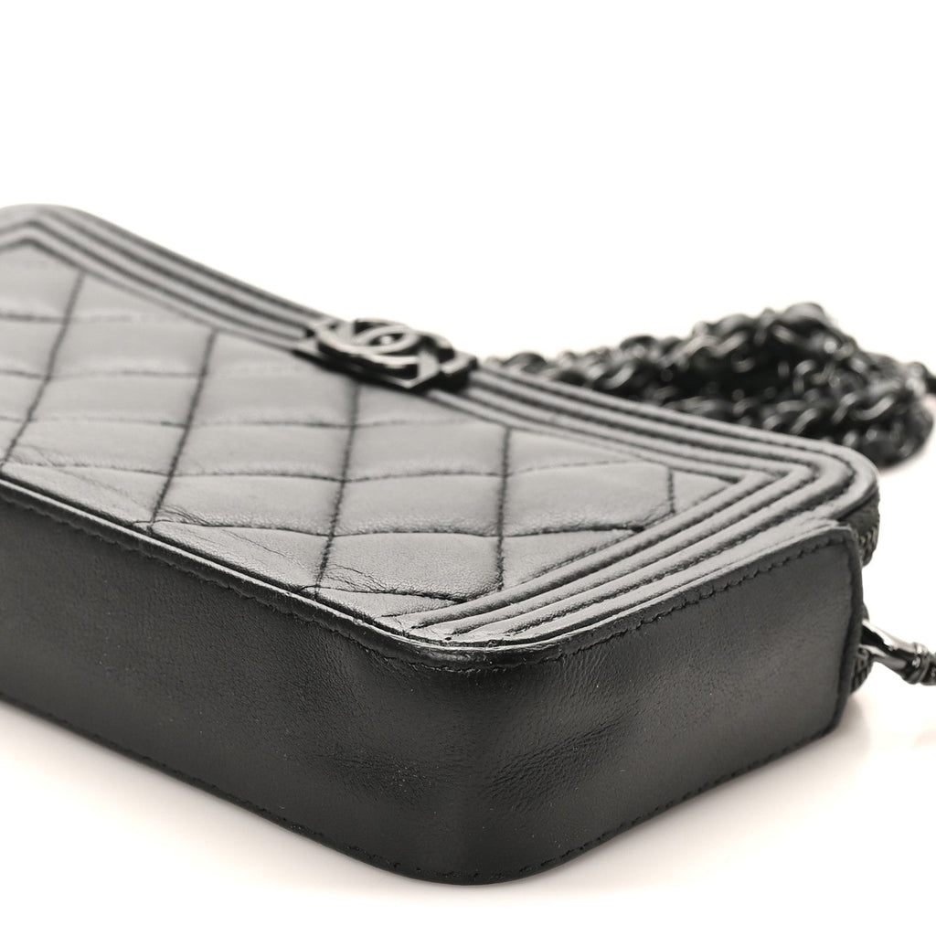 Chanel Lambskin Quilted Small Boy Clutch With Chain So Black
