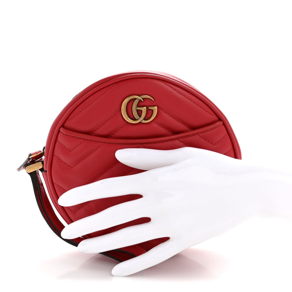 Gucci Calfskin Matelasse GG Marmont Round Wrist Wallet Hibiscus Red