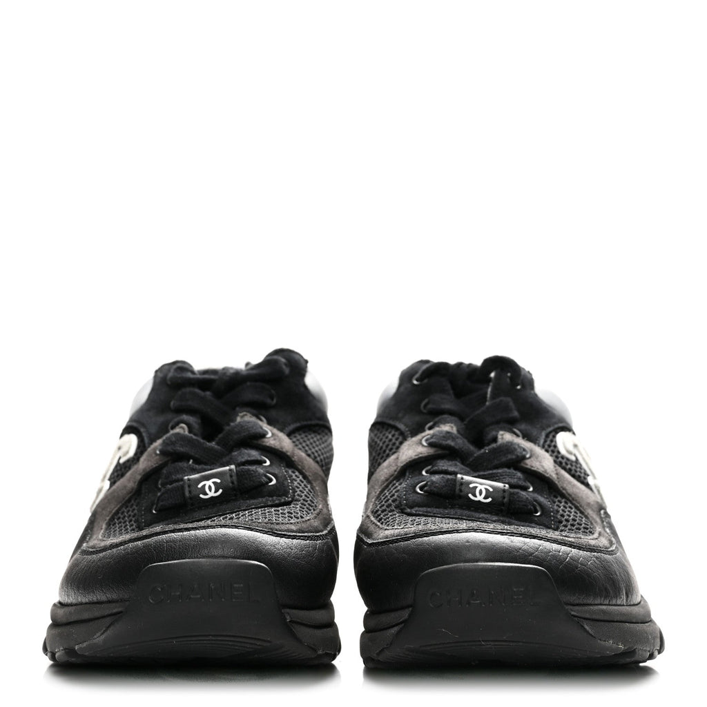 Mesh Suede Grained Calfskin Womens CC Sneakers 36 Black White