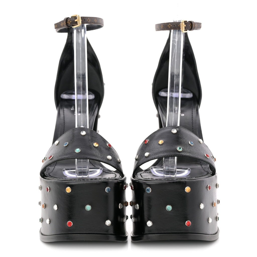 Louis Vuitton Calfskin Studded Fame Platform Sandals 37 Black