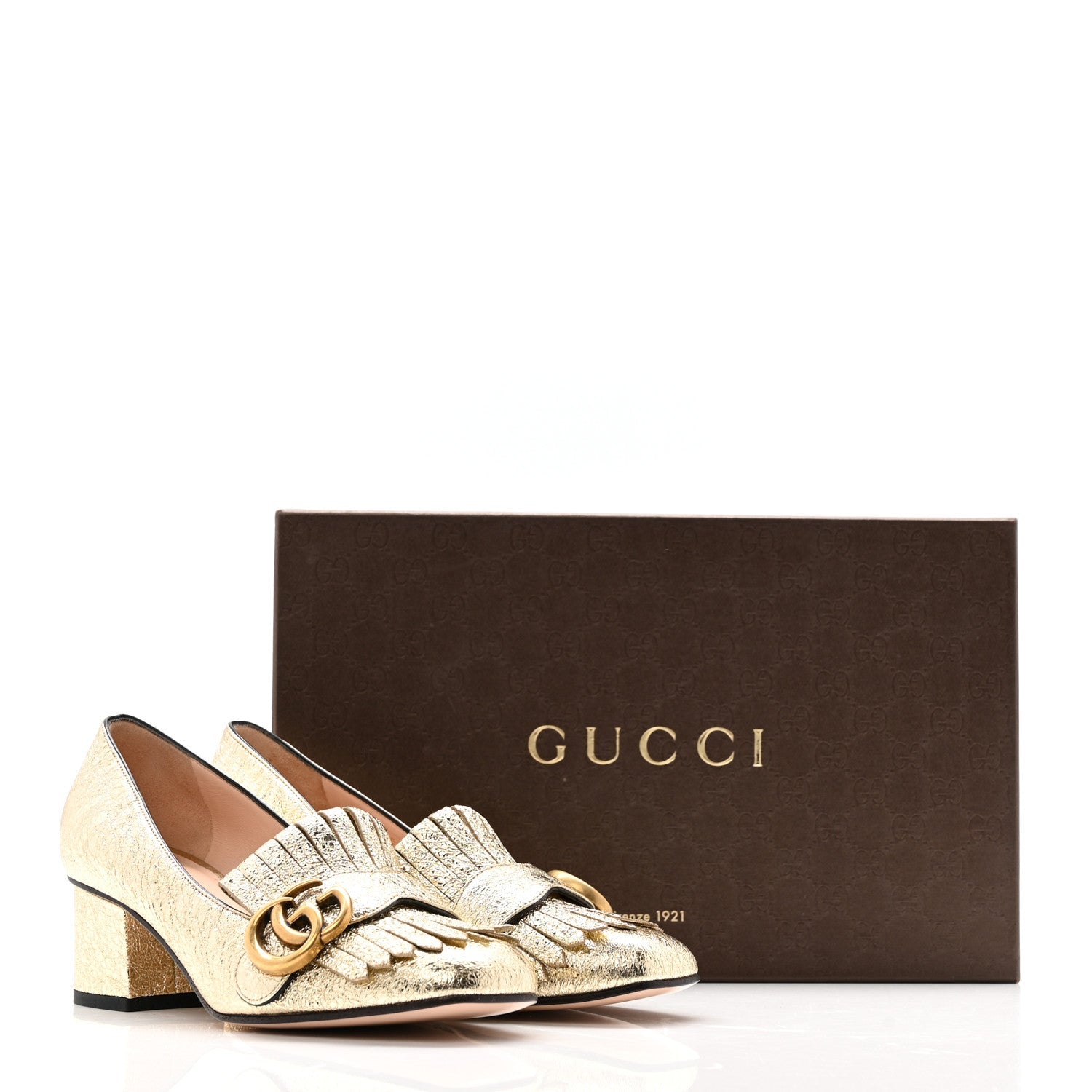 Gucci Galassia GG Marmont Fringe 50mm Loafer Pumps 35 Platino