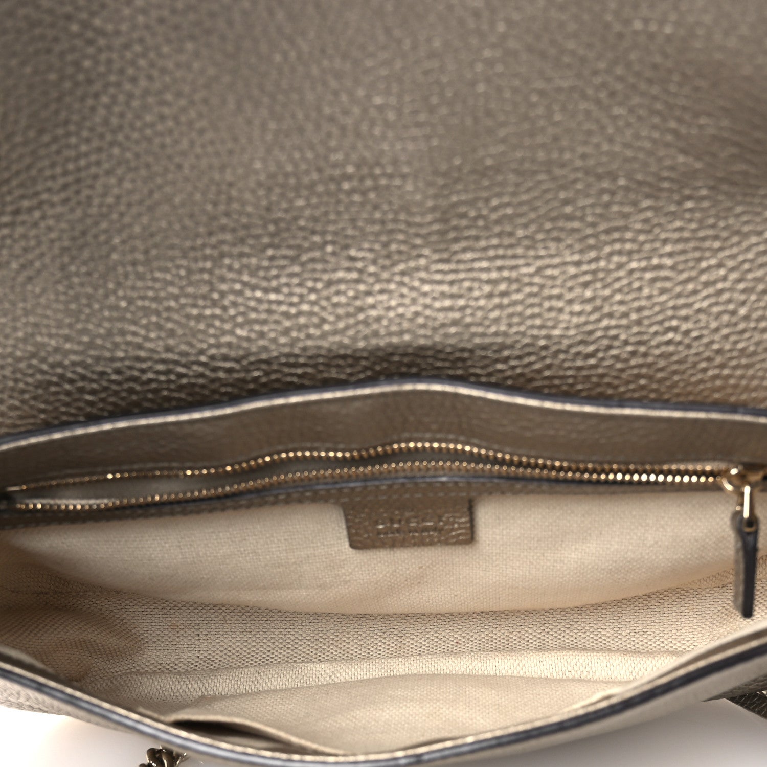 Gucci Metallic Pebbled Calfskin Medium Soho Flap Crossbody Golden Beige