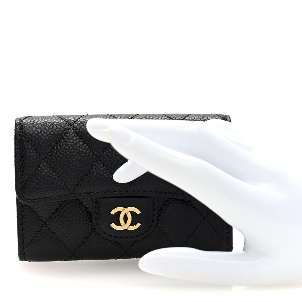 Caviar Quilted Flap Card Holder Wallet Black