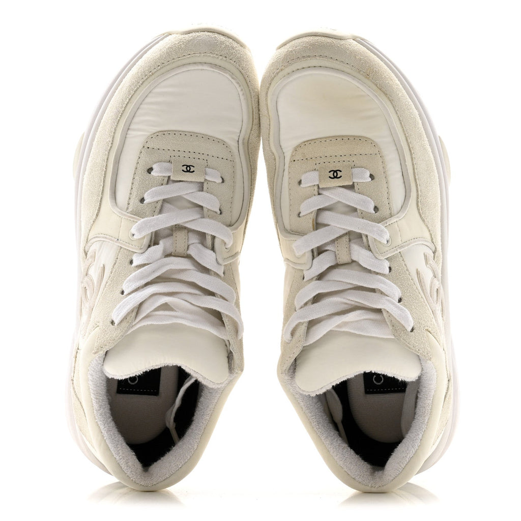 Chanel Suede Calfskin Fabric CC Sneakers 39.5 White