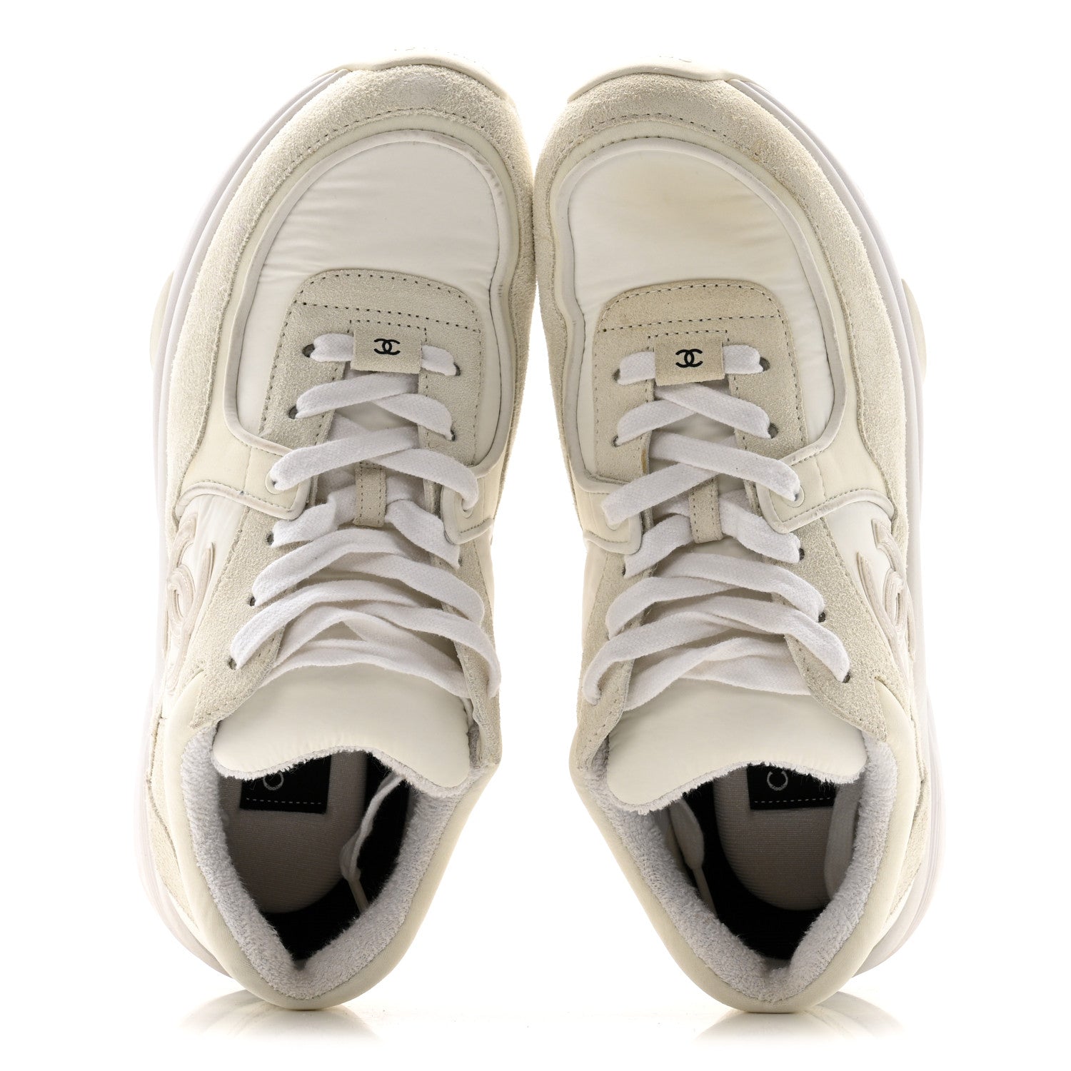 Chanel Suede Calfskin Fabric CC Sneakers 39.5 White