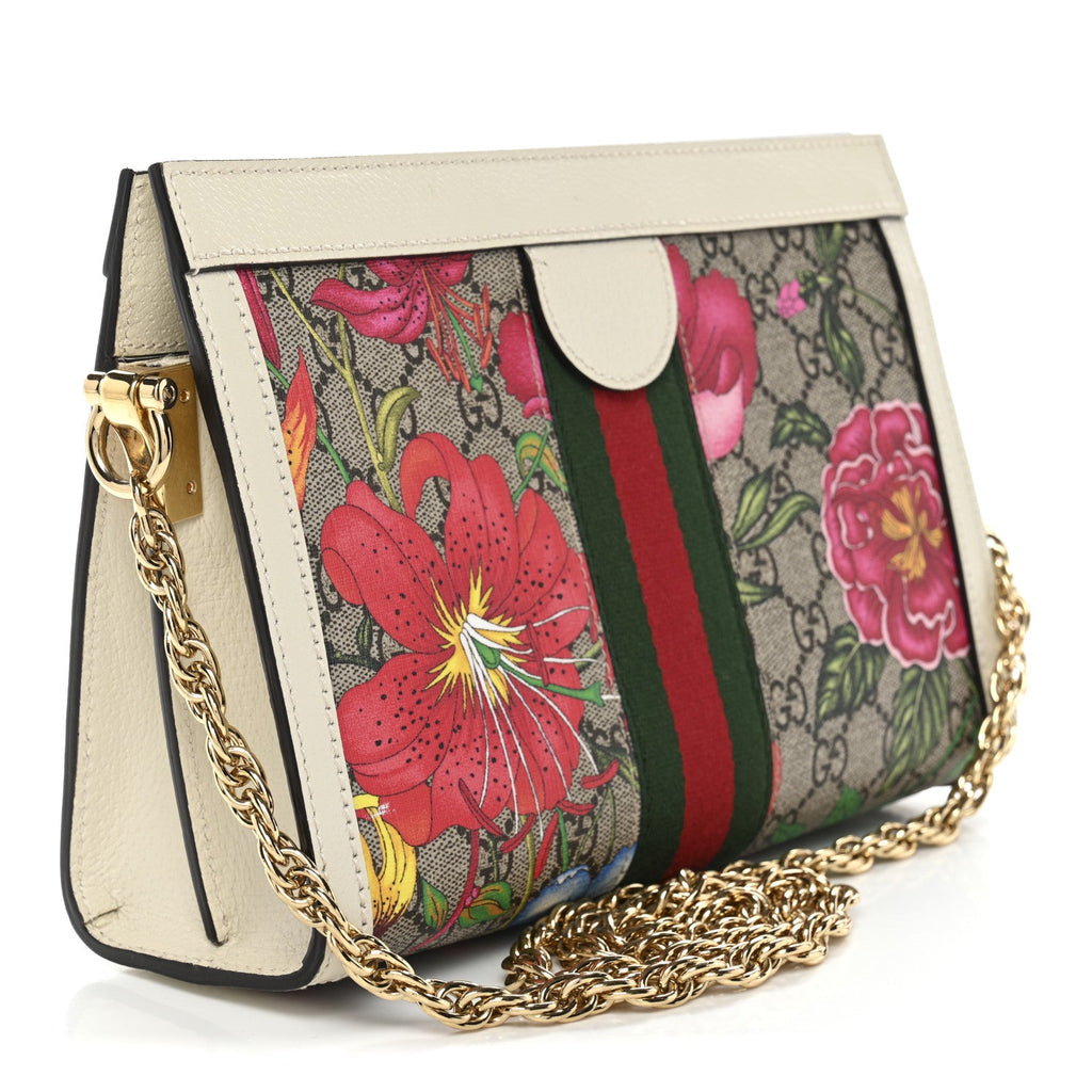 Gucci GG Supreme Monogram Flora Web Small Ophidia Chain Shoulder Bag White