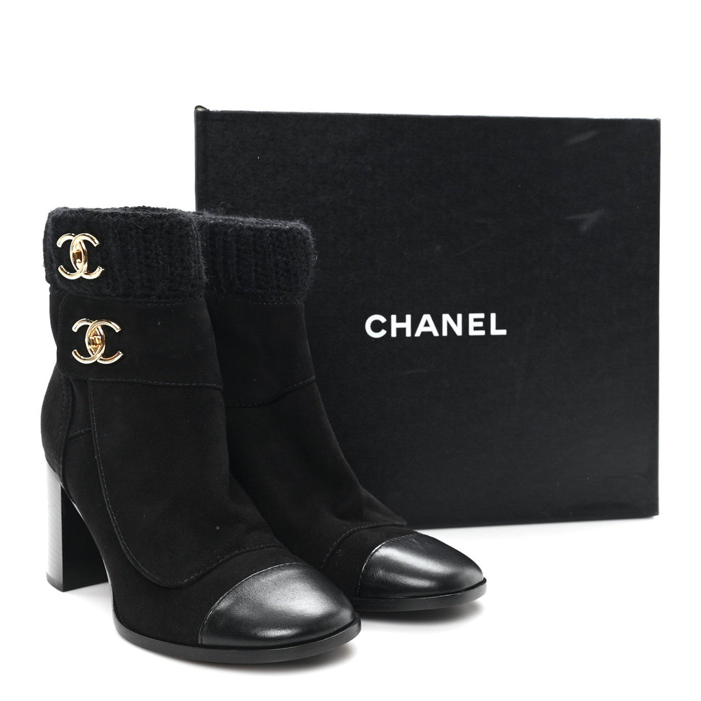Chanel Suede Lambskin Knit CC Short Boots 39 Black
