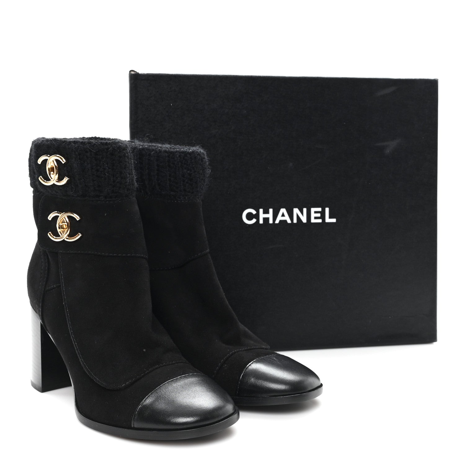 Chanel Suede Lambskin Knit CC Short Boots 39 Black