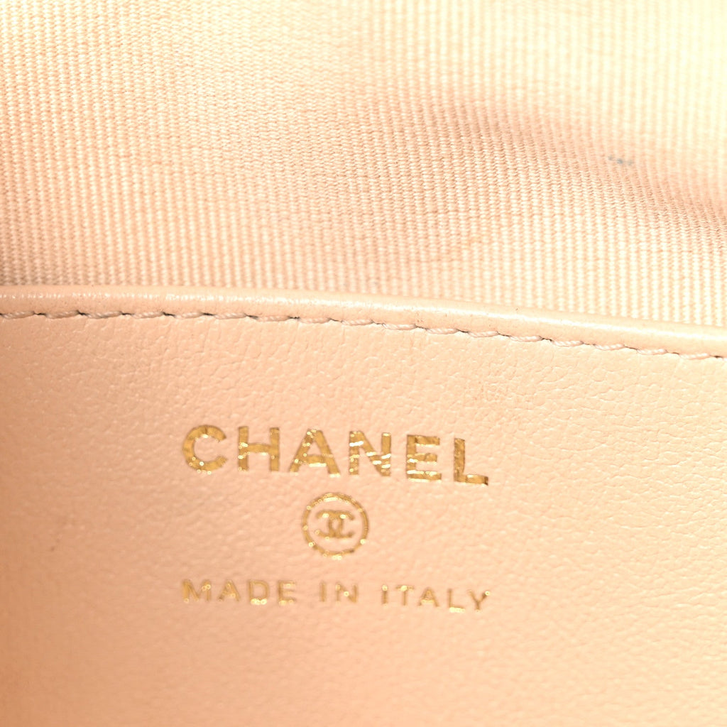 Chanel Shiny Crumpled Lambskin Quilted Small Preppy Pocket Clutch With Chain Beige