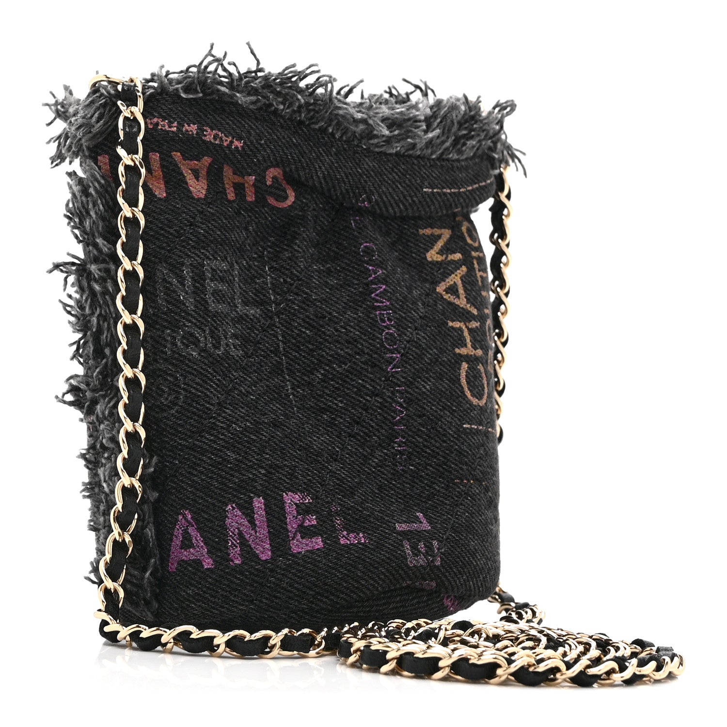 Chanel Denim Quilted Mood Mini Bucket With Chain Black Multicolor