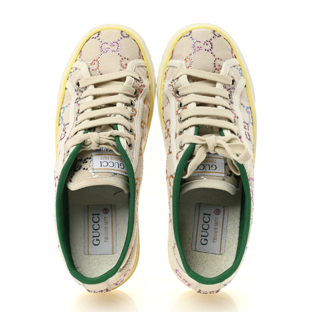 Gucci Canvas Lame Crystal GG Monogram Womens 1977 Tennis Sneakers 36 Gardenia Silver Mystic White