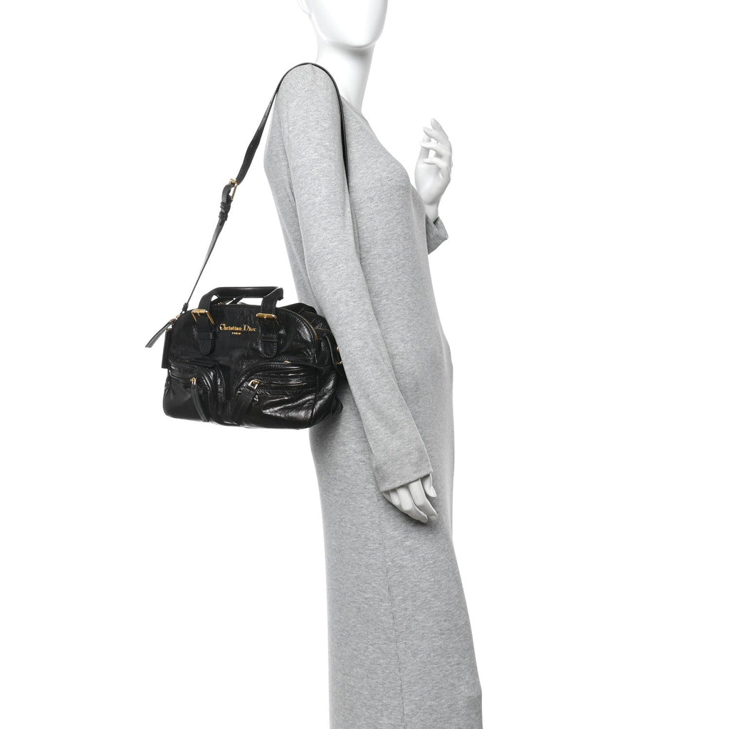 Christian Dior Crinkled Calfskin Small Grand Tour Bowling Bag Black