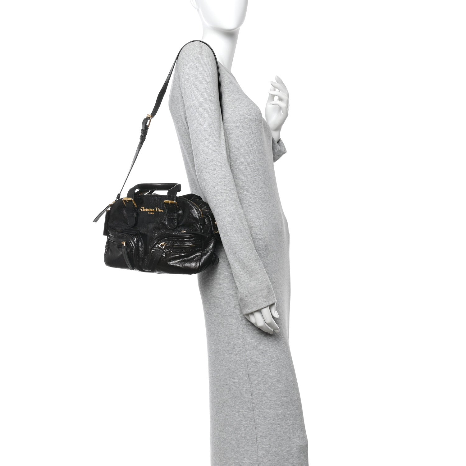 Christian Dior Crinkled Calfskin Small Grand Tour Bowling Bag Black