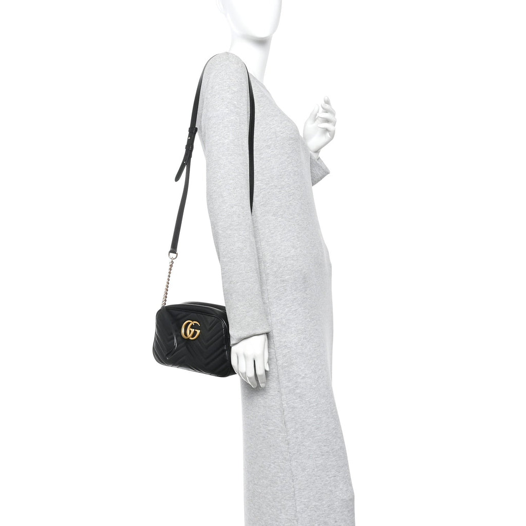 Gucci Calfskin Matelasse Small GG Marmont Chain Shoulder Bag Black