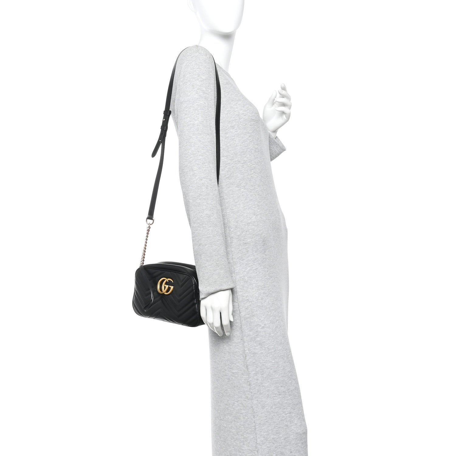 Gucci Calfskin Matelasse Small GG Marmont Chain Shoulder Bag Black