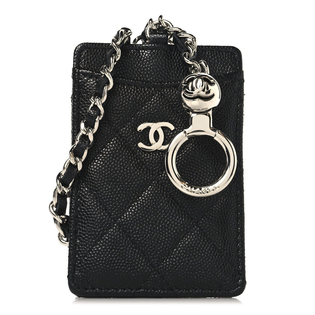 Caviar Quilted Key Holder Card Holder On Chain Black