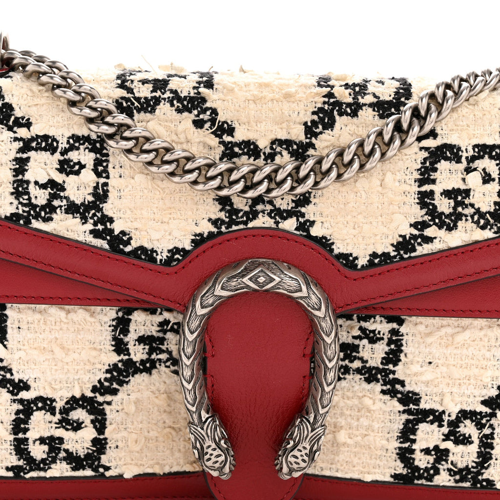 Gucci Tweed GG Monogram Small Dionysus Shoulder Bag White Black Romantic Cherry