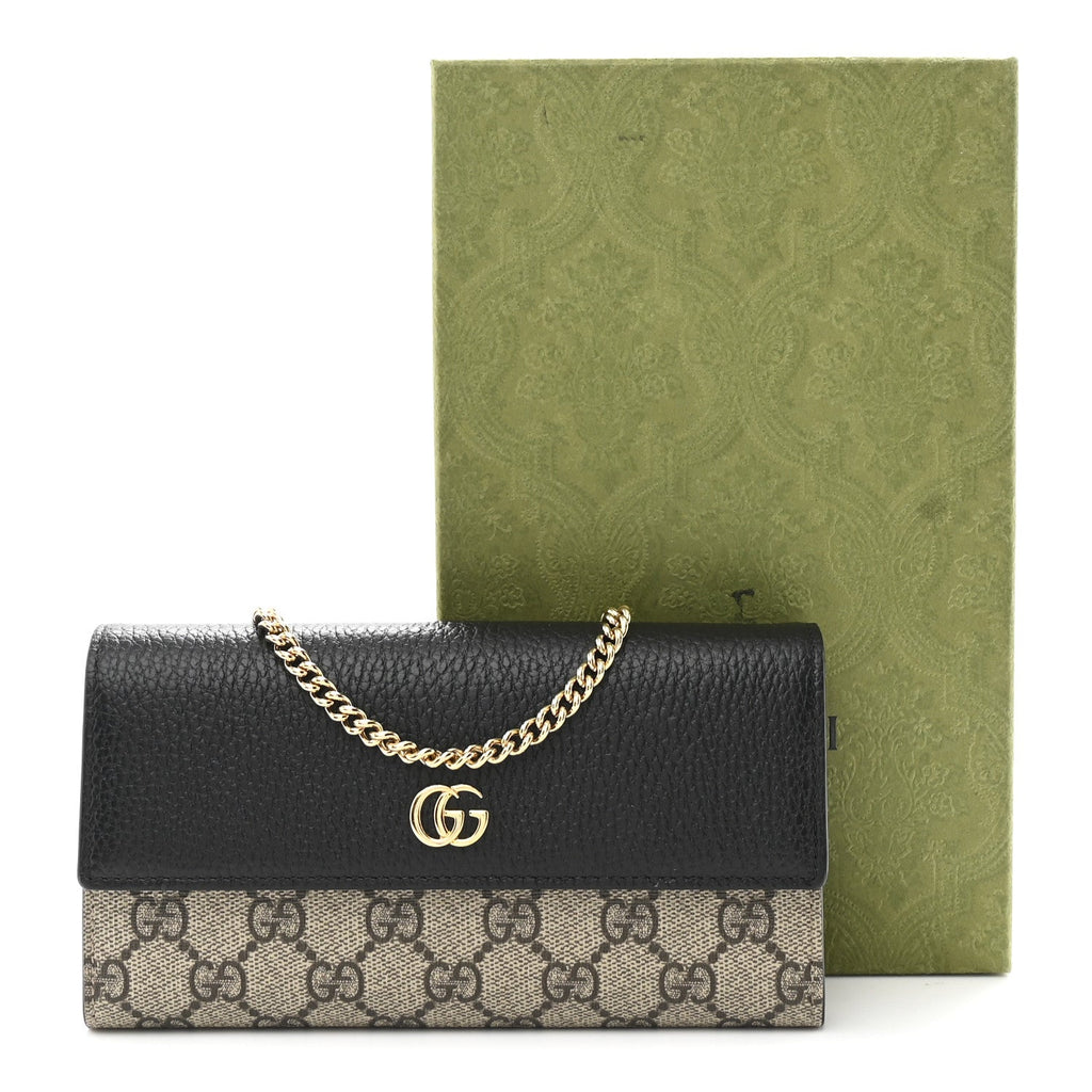 Gucci Dollar Calfskin GG Supreme Monogram Petite GG Marmont Wallet Chain Bag Black Beige Ebony