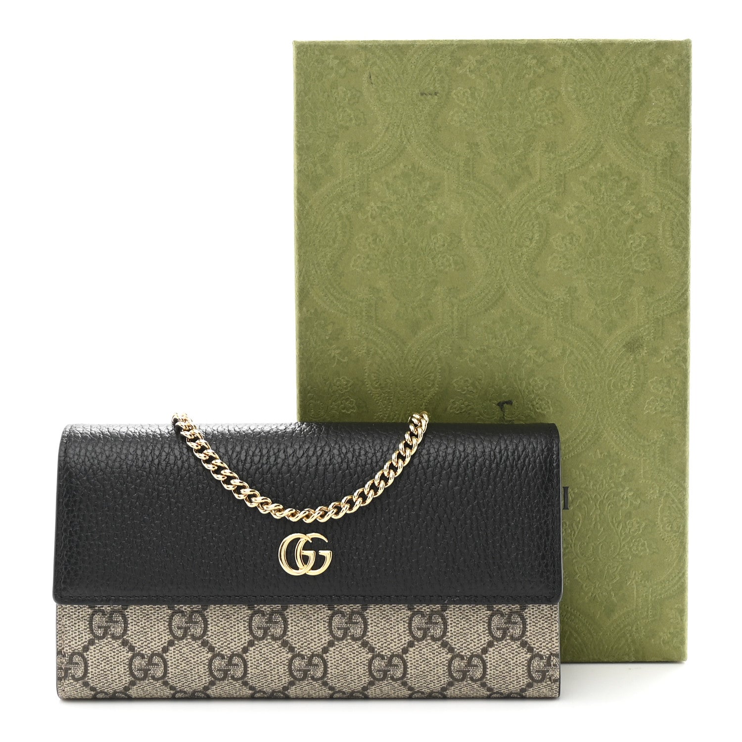 Gucci Dollar Calfskin GG Supreme Monogram Petite GG Marmont Wallet Chain Bag Black Beige Ebony