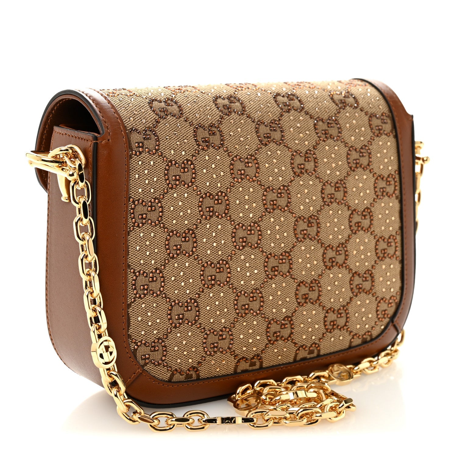 Gucci New Canvas Charisma Calfskin Crystal GG Monogram Mini Horsebit 1955 Shoulder Bag Camel Ebony