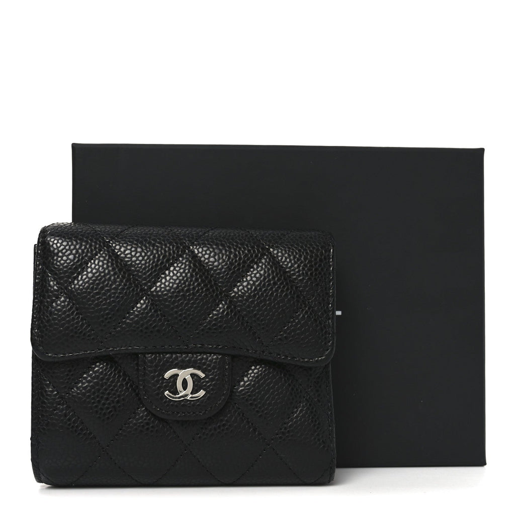 Caviar Quilted Compact Flap Wallet Black