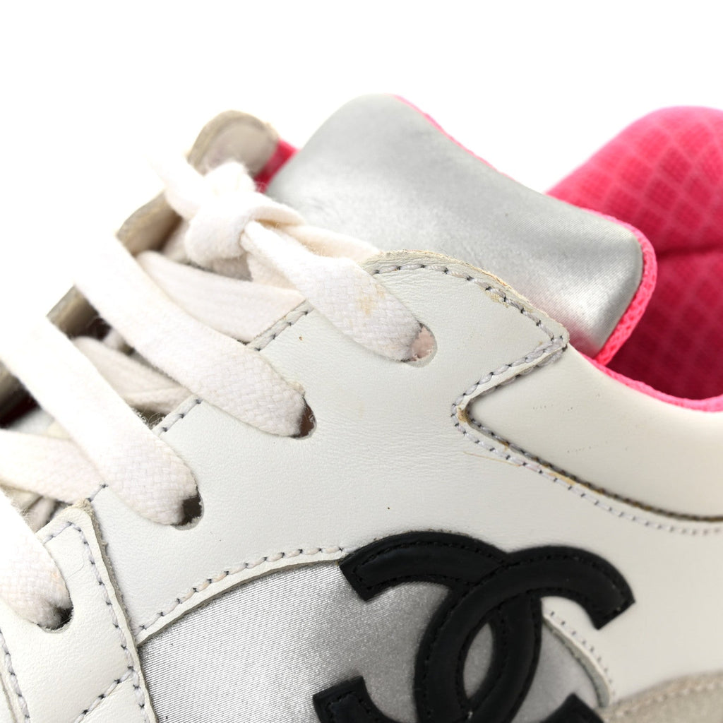 Calfskin Fabric Sneakers 36 White Silver Fluo Pink