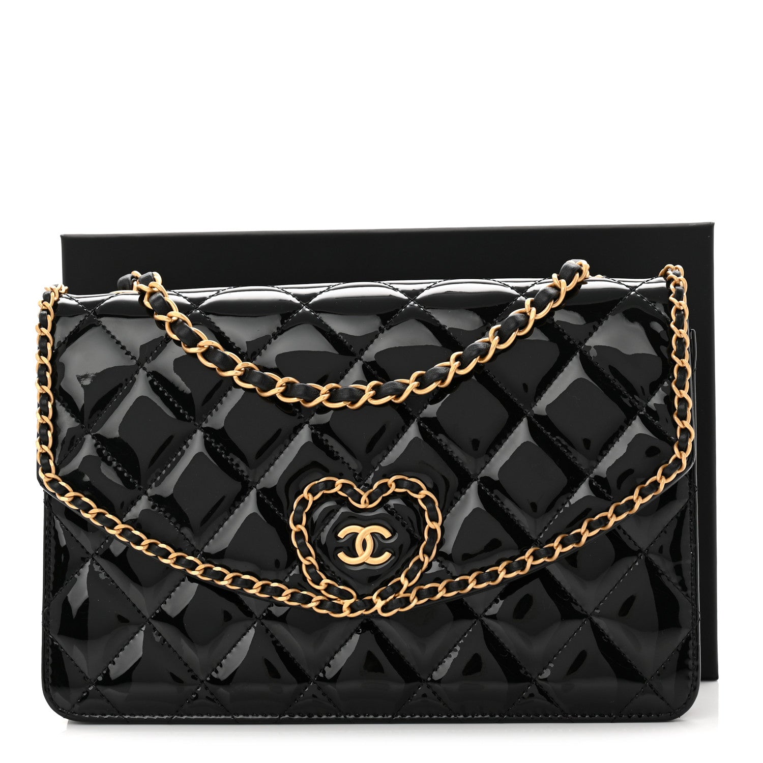 Chanel Patent Quilted Chain Around Heart Flap Black