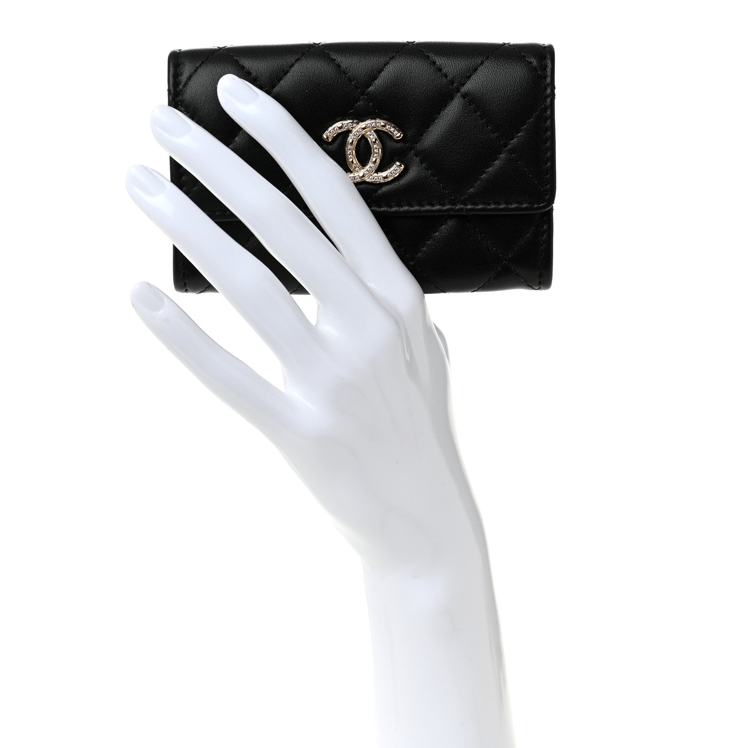 Chanel Shiny Lambskin Quilted Textured CC Card Holder Black