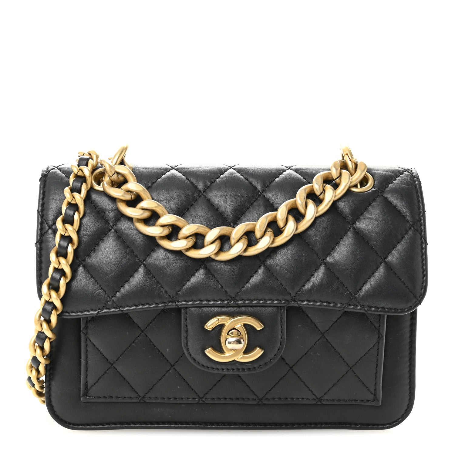 Chanel Aged Calfskin Quilted Double You Mini Flap Black
