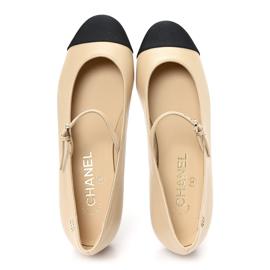 Goatskin Grosgain Cap Toe Pearl Mary Jane Flats 36.5 Beige Black