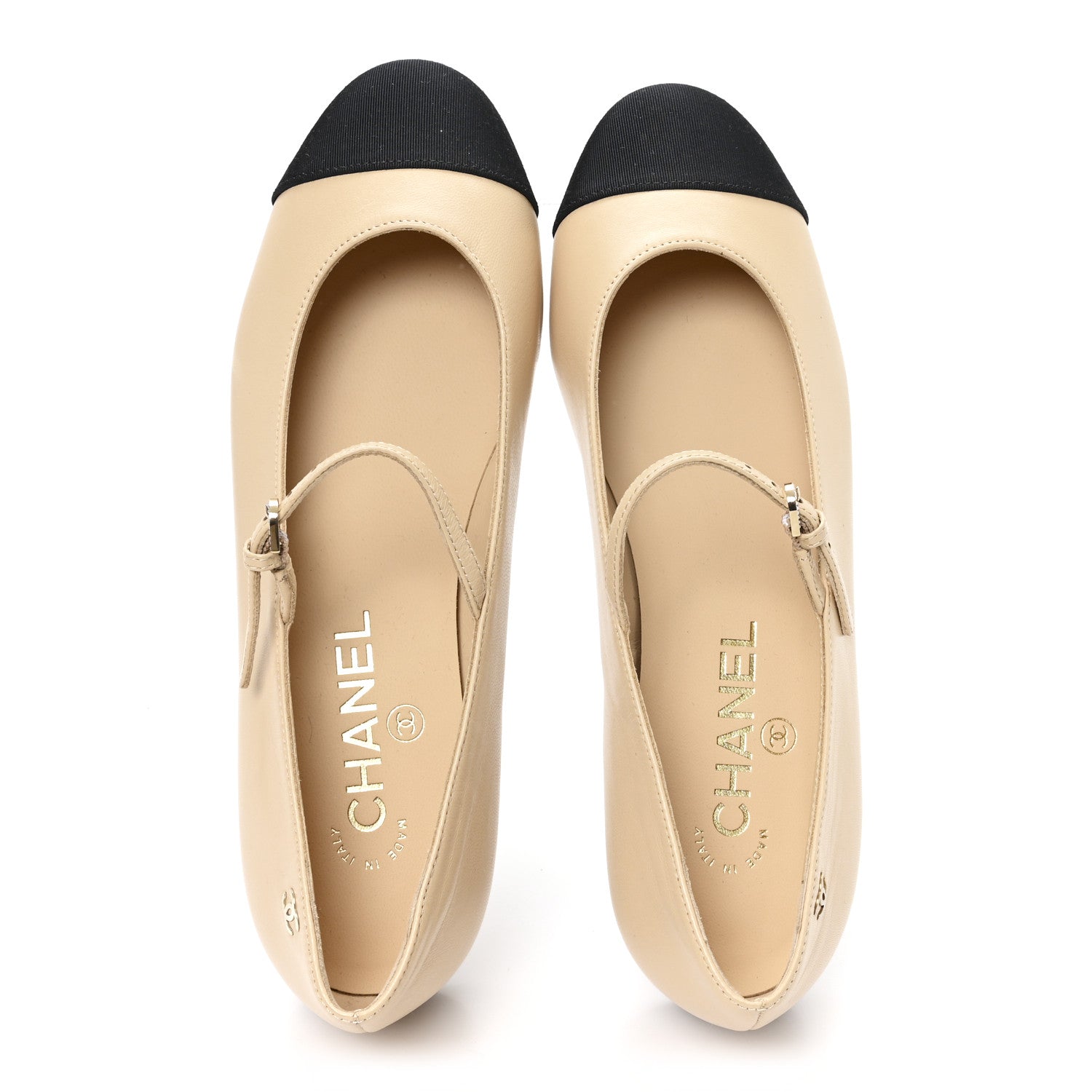 Goatskin Grosgain Cap Toe Pearl Mary Jane Flats 36.5 Beige Black