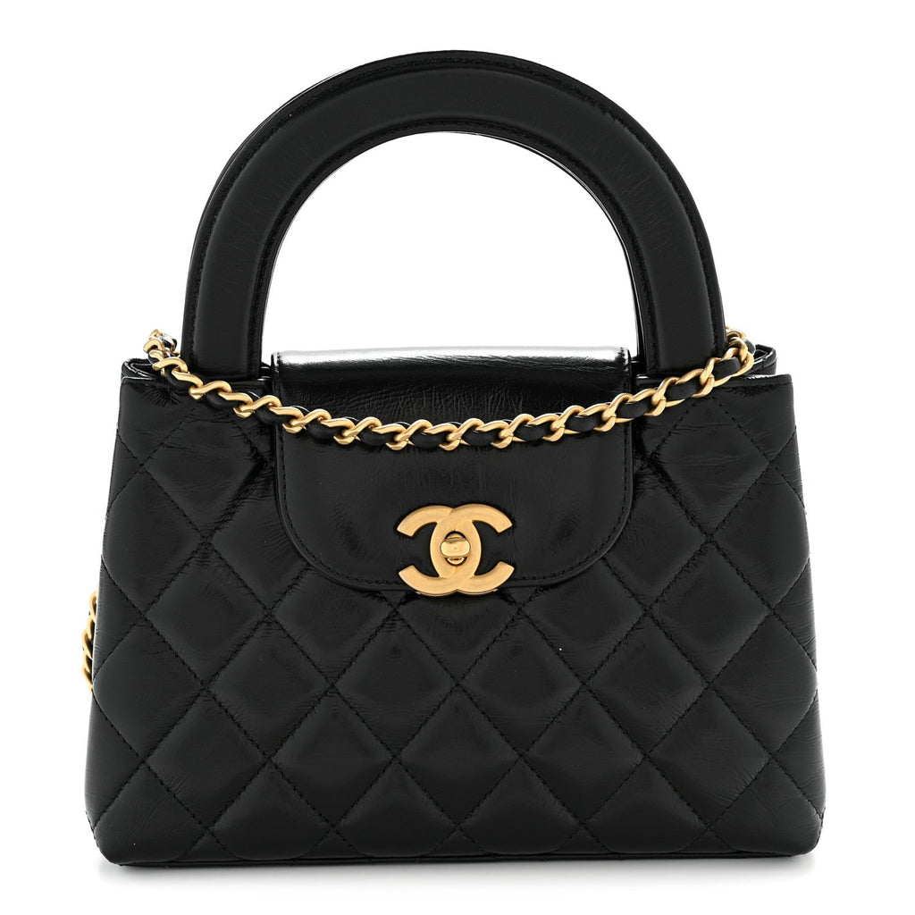Chanel Shiny Aged Calfskin Quilted Nano Kelly Shopper Black