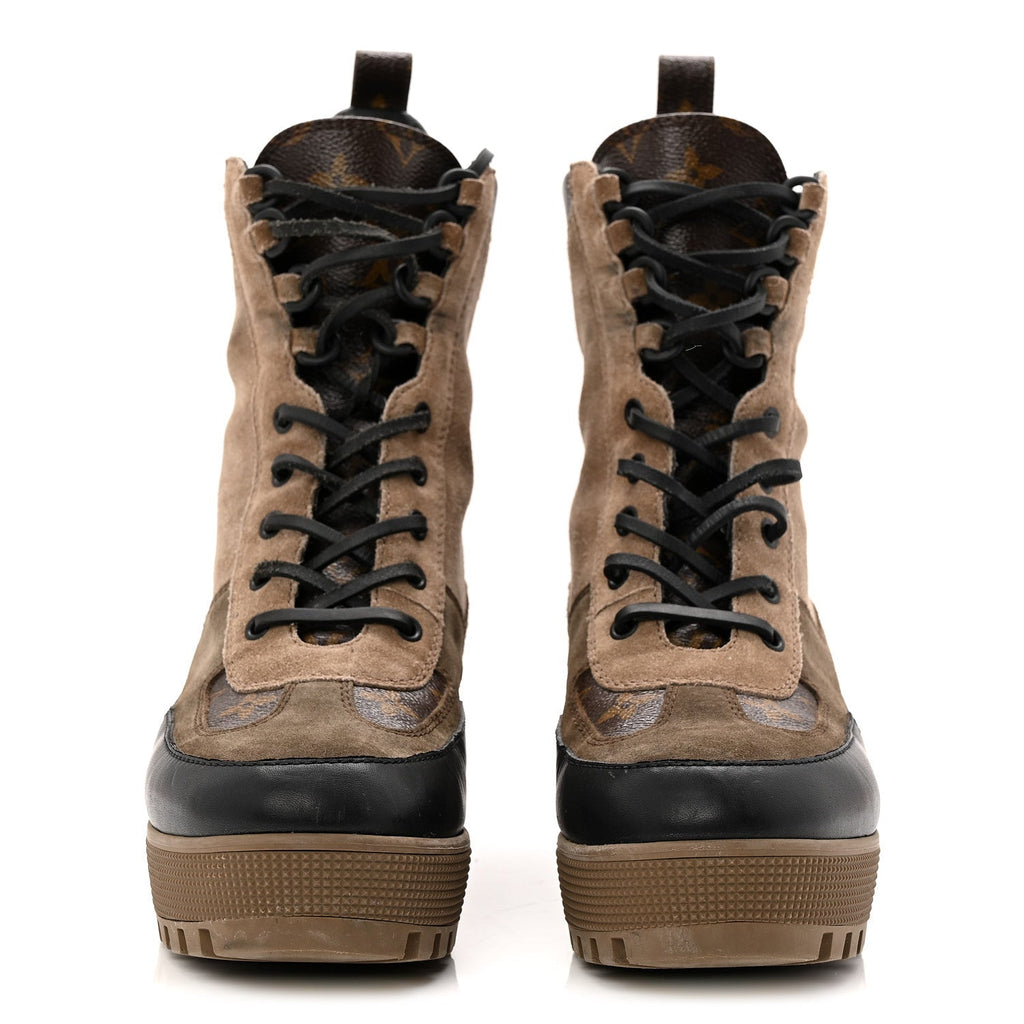 Louis Vuitton Suede Calfskin Monogram Laureate Platform Desert Boots 40 Taupe