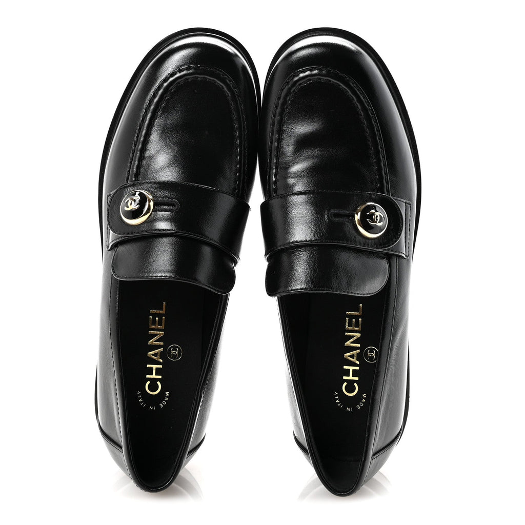 Chanel Shiny Calfskin CC Mocassin Loafers 38.5 Black