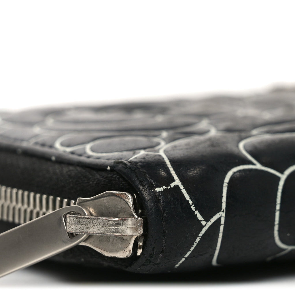 Lambskin Camellia Embossed Large Zip Around Gusset Wallet Black White