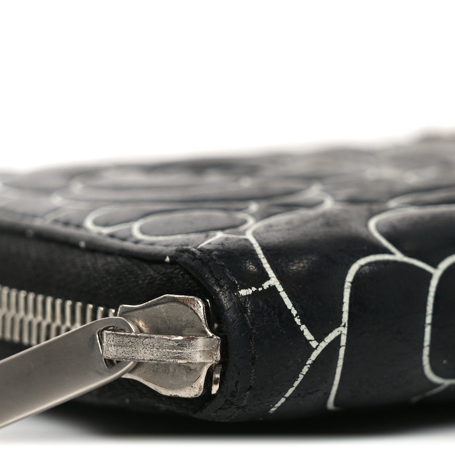 Lambskin Camellia Embossed Large Zip Around Gusset Wallet Black White