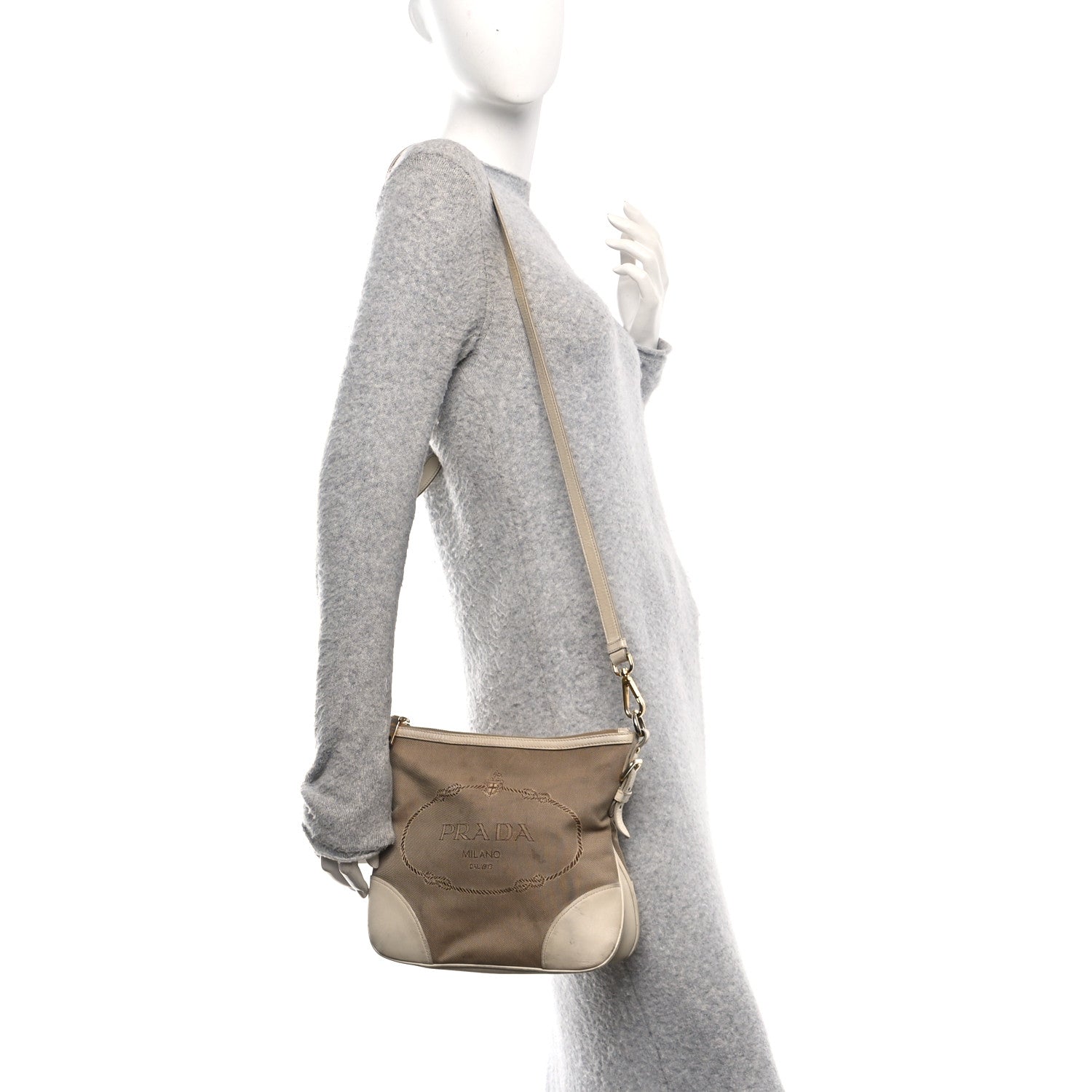 Prada Jacquard Logo Shoulder Bag Corda Cera