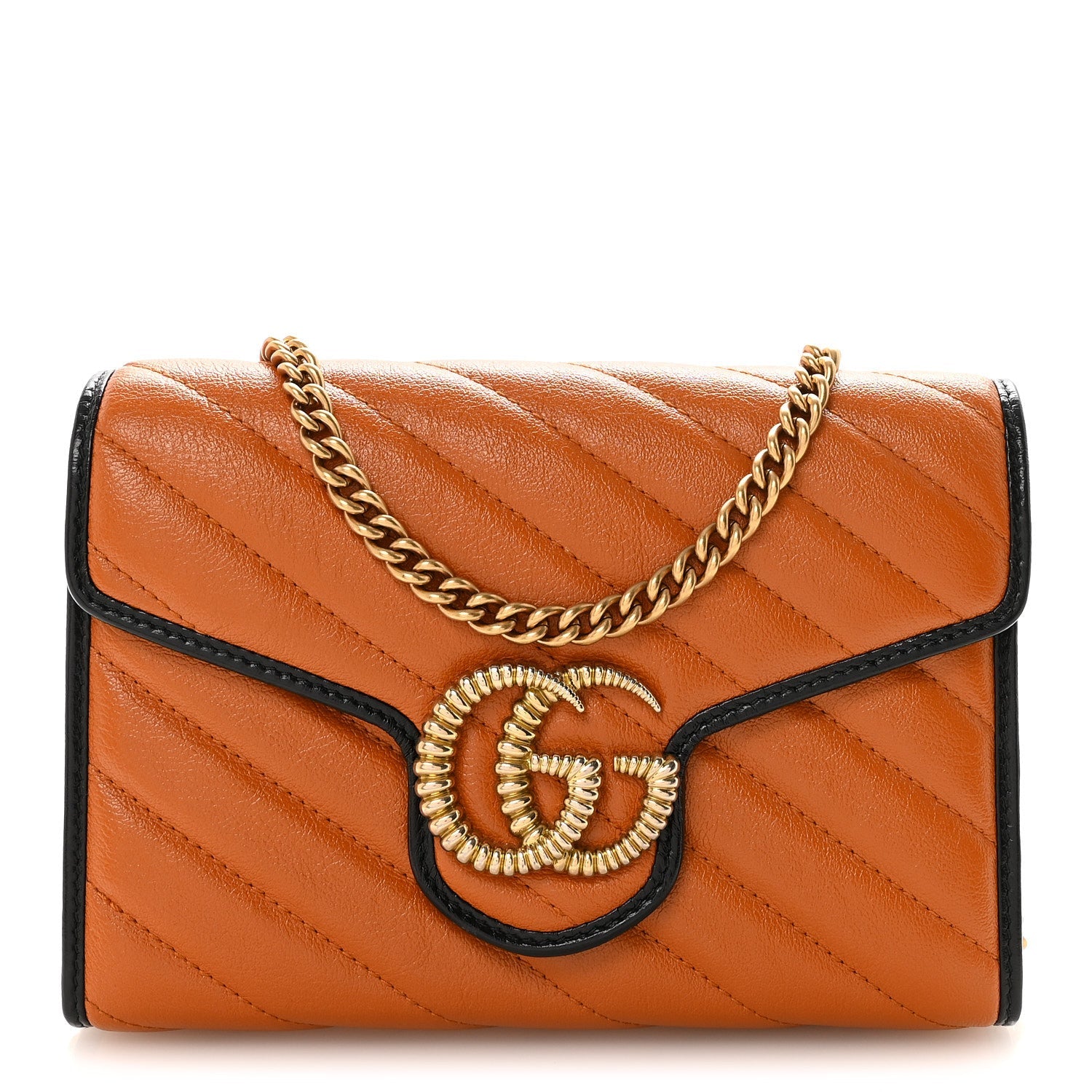 Gucci Vintage Effect Calfskin Matelasse Diagonal Torchon GG Marmont Chain Wallet Cognac