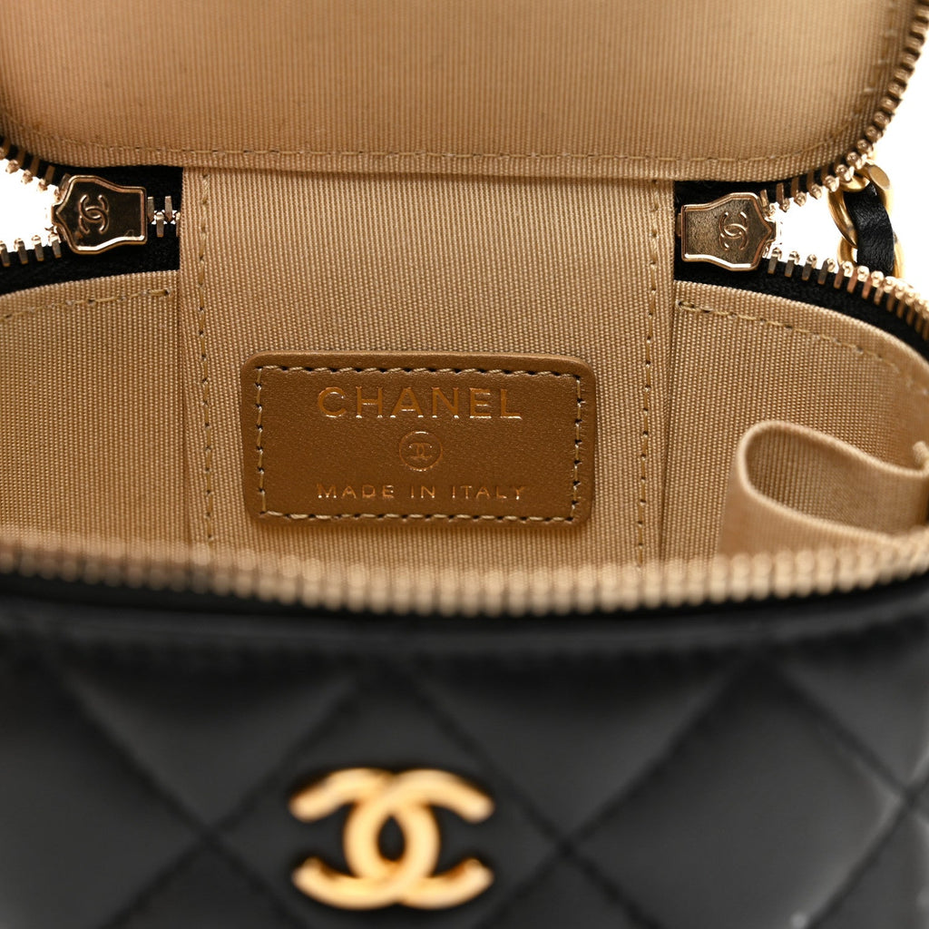 Chanel Lambskin Quilted Mini Pearl Crush Vanity Case With Chain Black