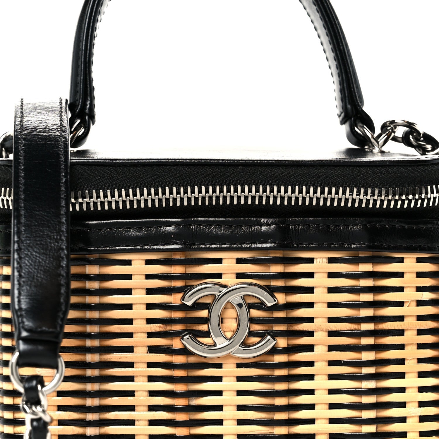 Chanel Calfskin Raffia Small Vanity Case Bag Black Beige